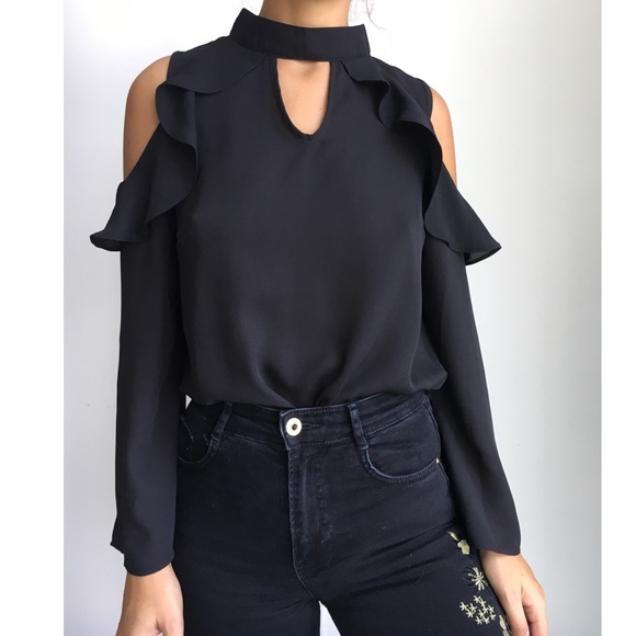 black ruffle cold shoulder top